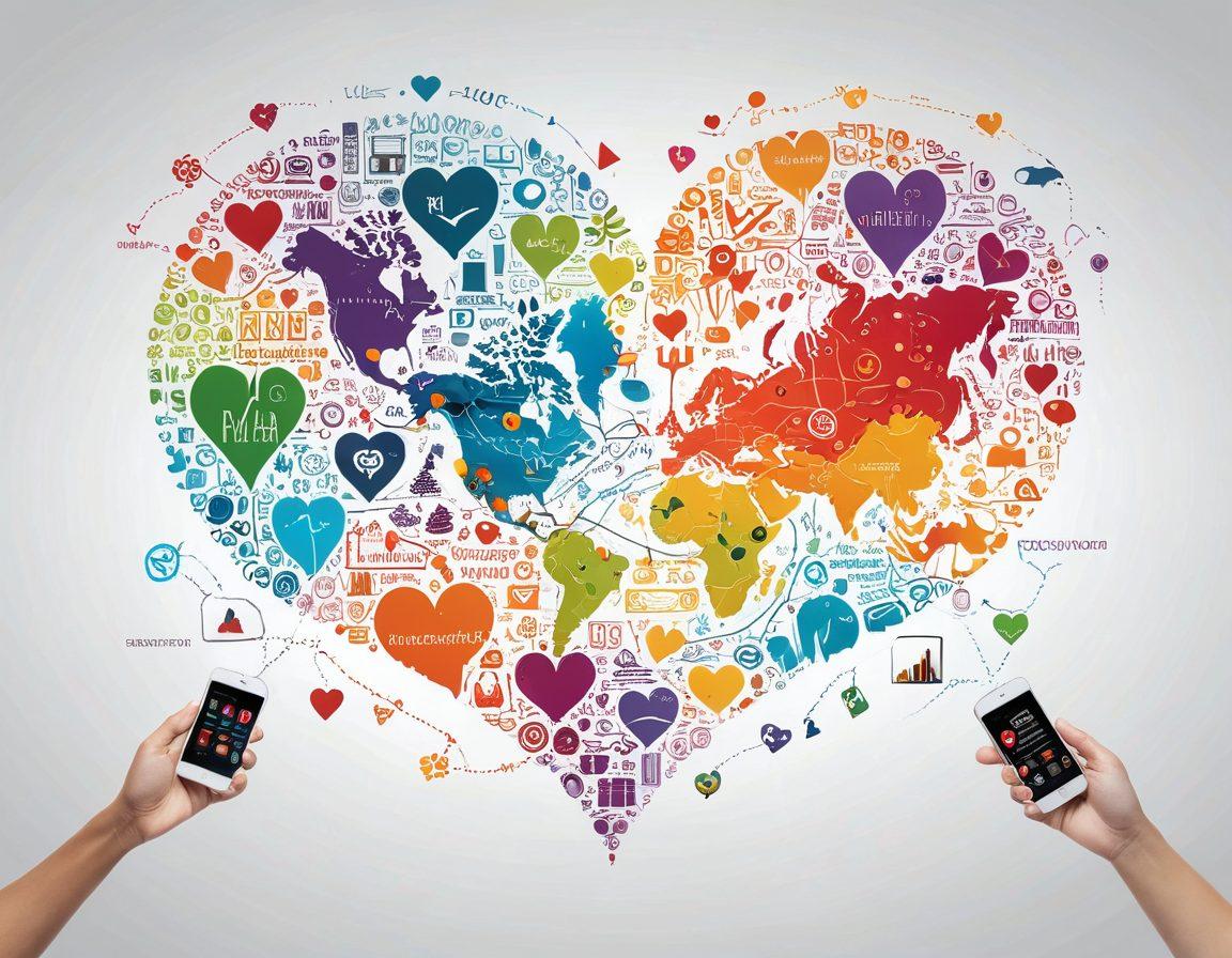A digital collage featuring a heart-shaped map with interconnected lines, symbolizing love stories and companionship across virtual space. Include playful chat bubbles, smartphone screens displaying romantic messages, and diverse couples using technology to connect. Use vibrant colors to convey warmth and excitement. Include subtle digital elements like binary code and social media icons in the background. super-realistic. vibrant colors. white background.