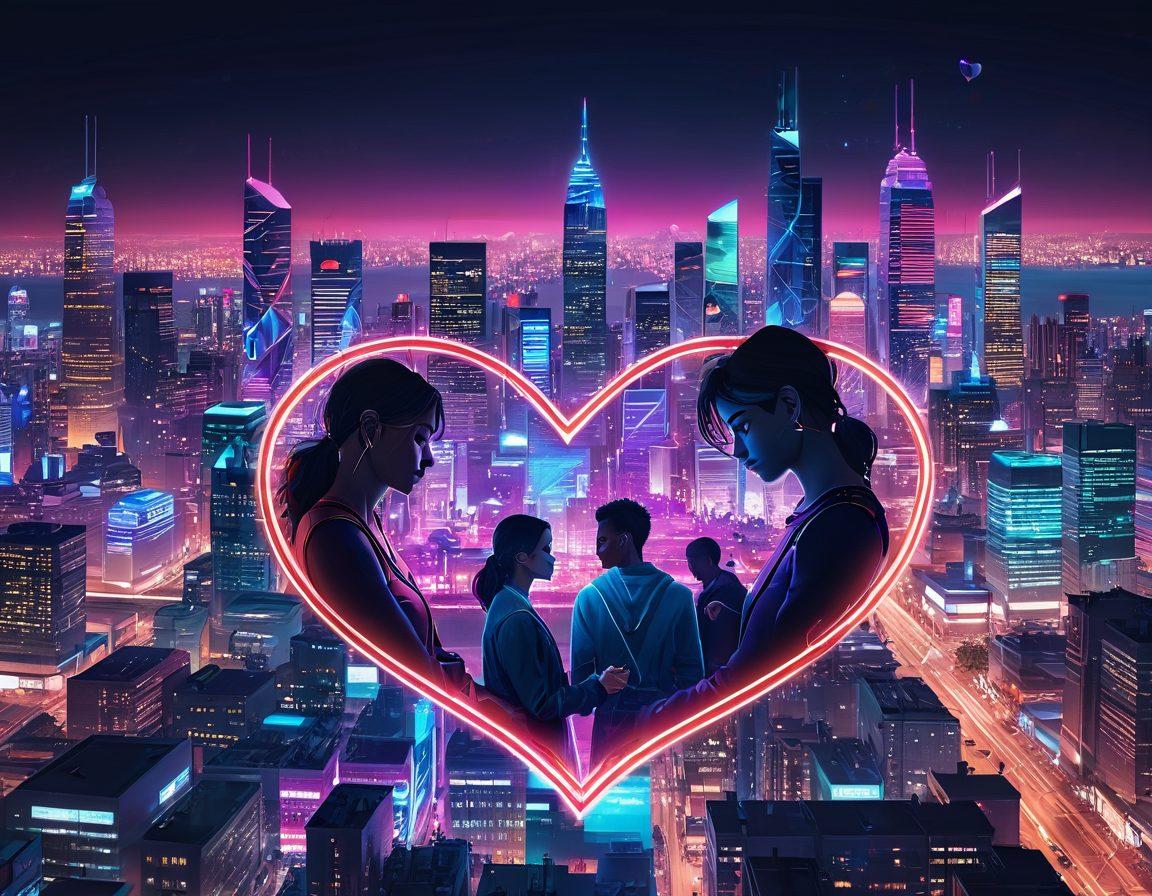 An inviting digital heart, composed of interconnected circuit lines, symbolizes virtual dating. Surround it with diverse couples from different backgrounds, engaging in joyful, romantic video calls on their devices. The background features a glowing city skyline at dusk, representing the vast world of online connections. Add subtle pixelated hearts floating around, enhancing the theme of love in the digital age. vibrant colors. cyberpunk style.