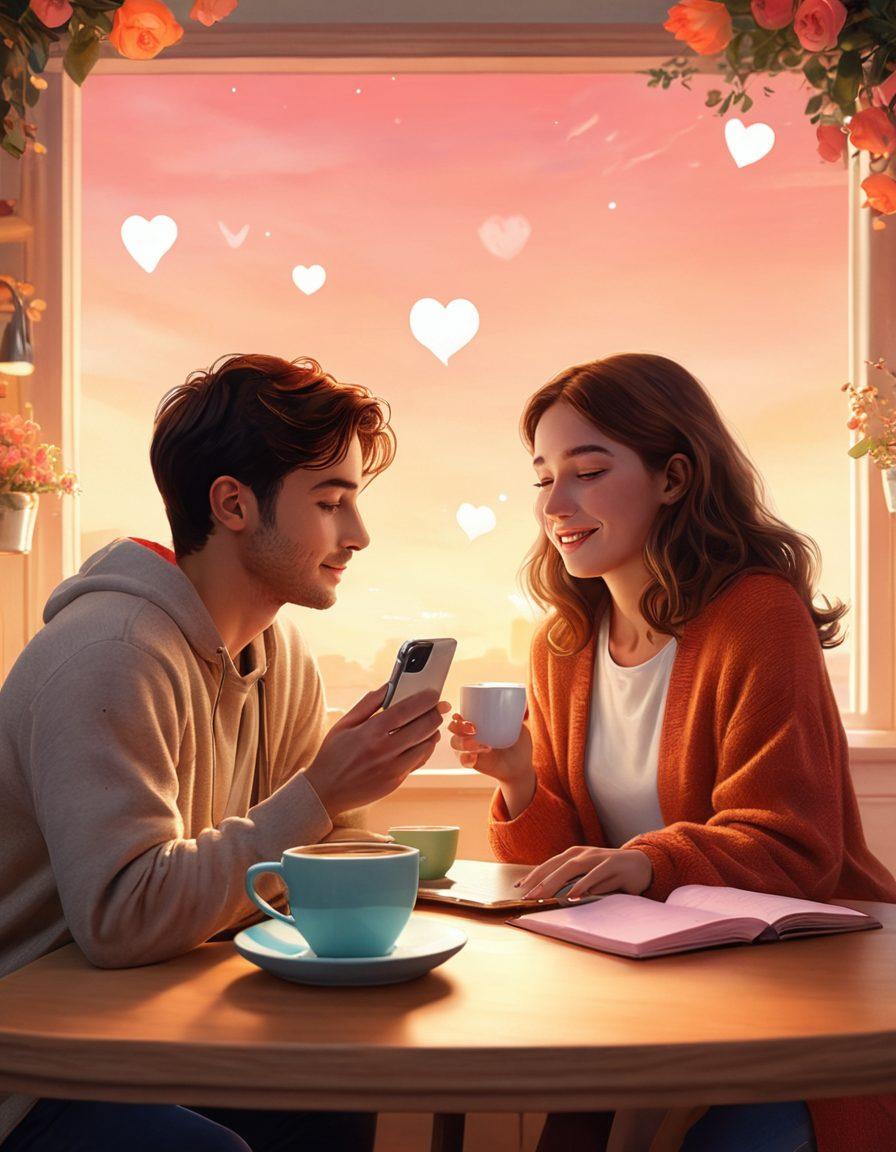 A cozy virtual scene depicting two characters engaging in an intimate video chat, surrounded by elements that symbolize connection like hearts and chat bubbles. Soft lighting and warm colors create an inviting atmosphere, while digital devices subtly blend into the background. Include hints of romantic gestures like flowers or coffee cups. watercolor style. warm tones.